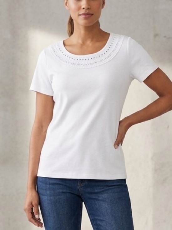 Karen Scott Tops - Karen Scott White Short Sleeve Tee Embroidered Eyelet Scoop Neck Top Size M